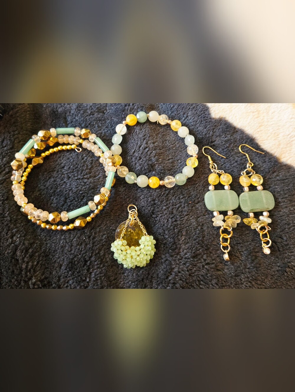 Green Aventurine and Citrine Beaded Bracelet Set with Earrings Pendant